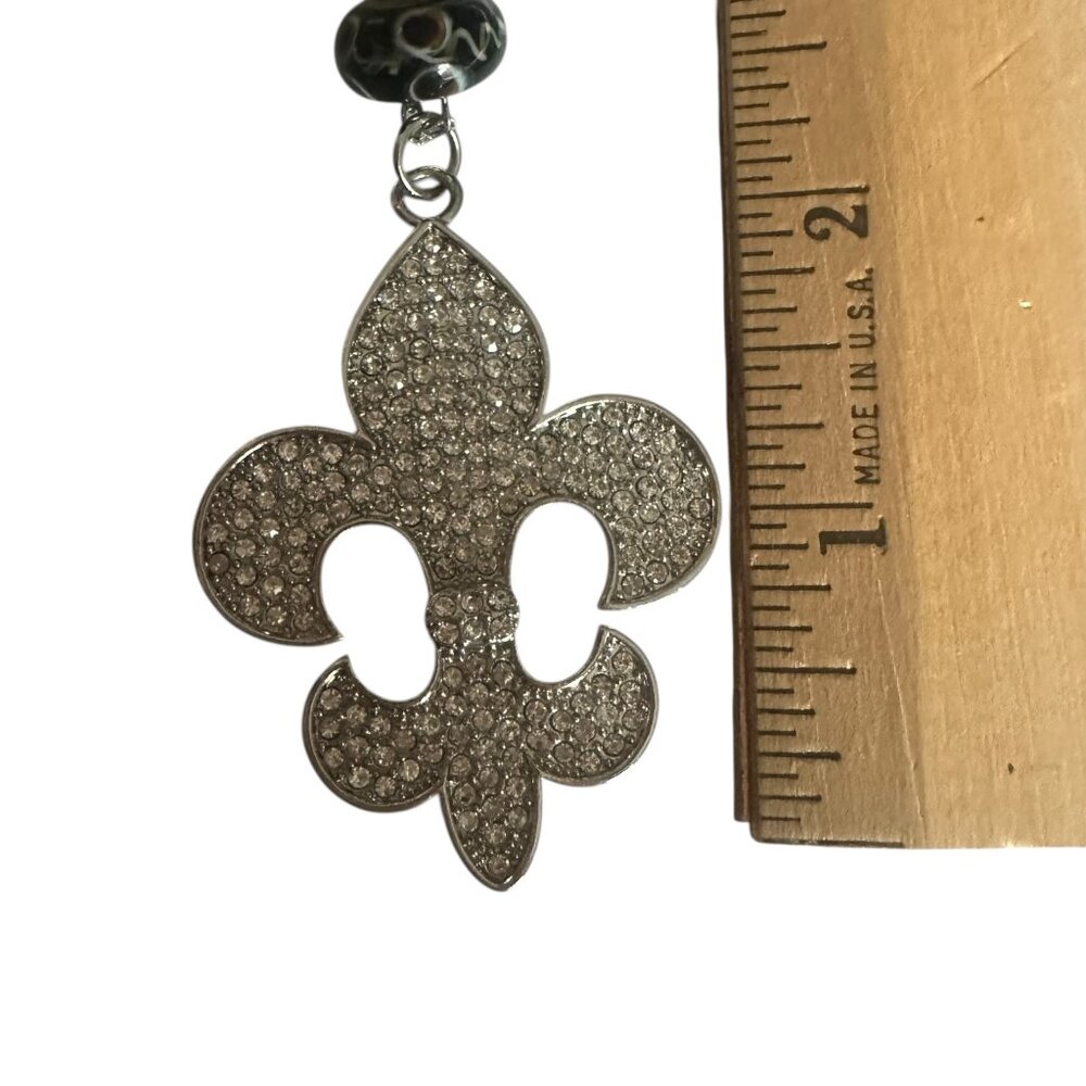 Silver Tone Fleur De Lis Rhinestone Pendant Necklace Black Bead Accents - Picture 5 of 5